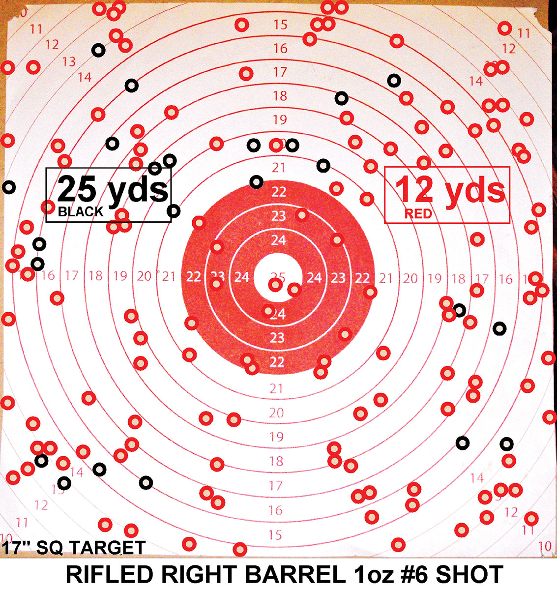 Spread-open pattern from the rifled right barrel shows it was intended for very close shooting.